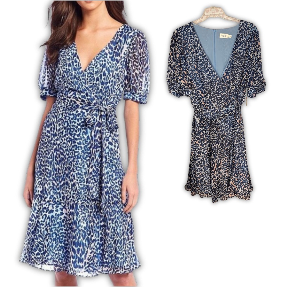 Eliza‎ J Blue Leopard Print Metallic Clip Dot Faux Wrap Dress Plus Size 22W NEW
